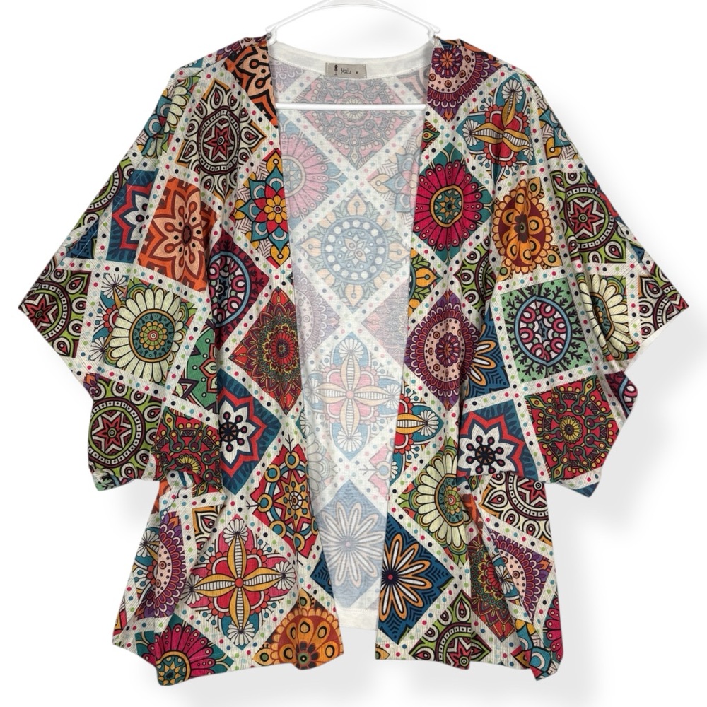 Malu Cardigan Womens Medium M Multicolored Short Kimono Sleeves Lightweight Open